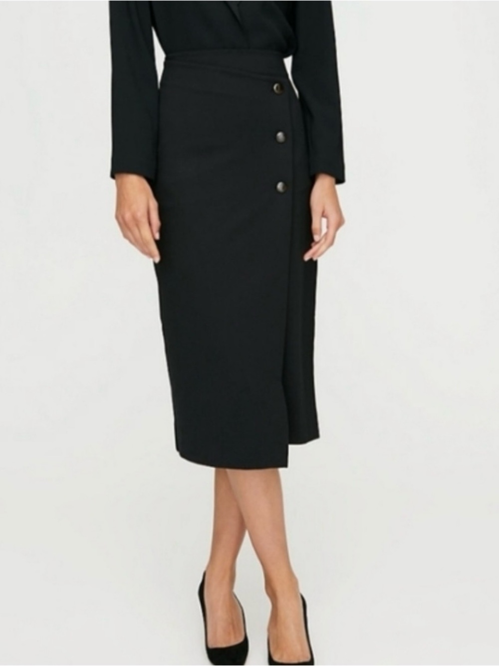 Babaton Black Wrap-Front Billy Button Midi Skirt